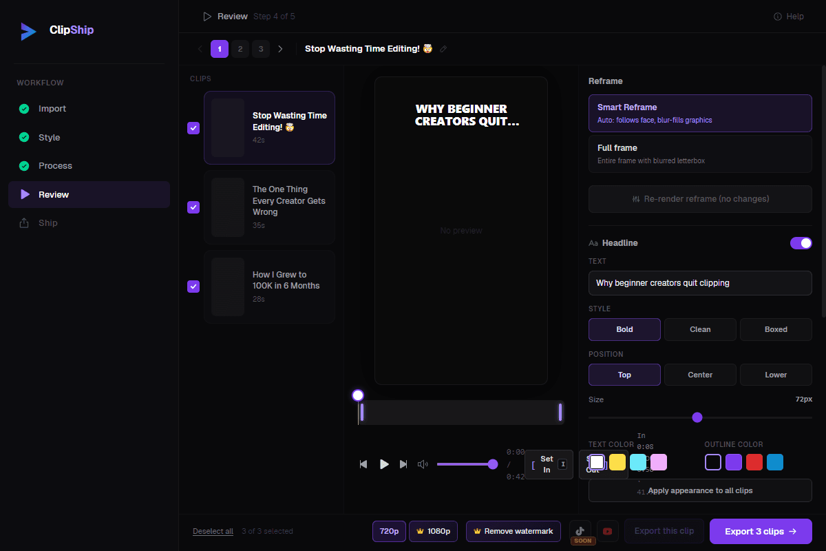 ClipShip review screen showing a generated clip and editable headline controls