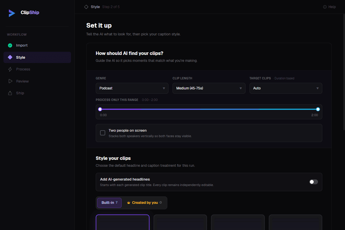 ClipShip style screen with genre, clip length, target clips, headline toggle, and caption styles