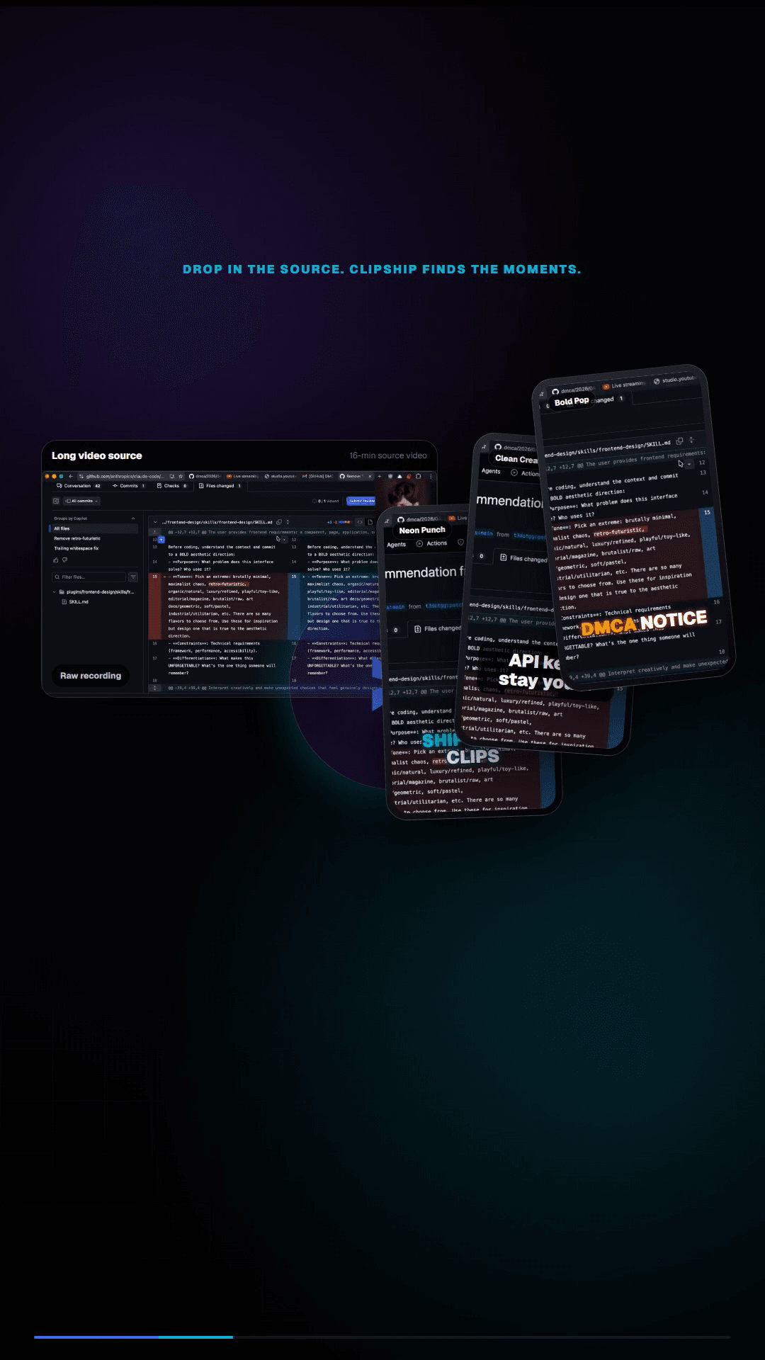 ClipShip turning one long talking-head video into multiple short vertical clips
