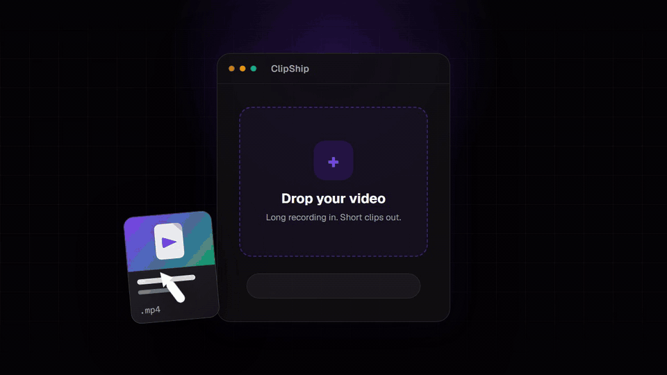 Animated ClipShip workflow showing a video being converted into multiple short clips